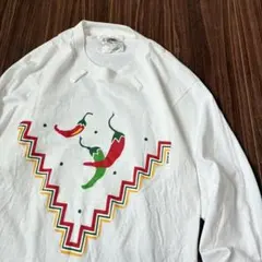 USA製ビンテージ90sプリント長袖ロンTシャツ古着メンズML赤唐辛子チリ中古￼のサムネイル