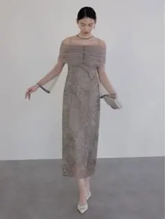 チュールオフショルダー花柄Iラインワンピースドレス結婚式二次会パーティー成人式