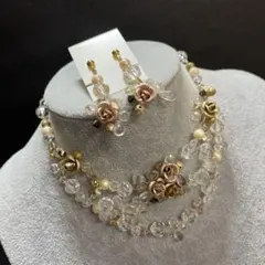 クリア ゴールド系 お花モチーフ デザイン ビーズ ネックレス イヤリング