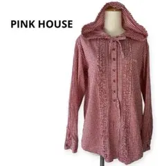 PINK HOUSE フード付ギンガムチェック シャツ フーディ　フリル　赤