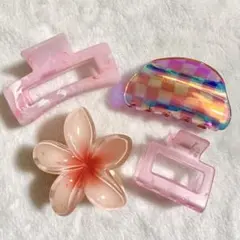 アクリル ヘアクリップ 4個セット ハワイ LA ギャル プルメリア ピンク