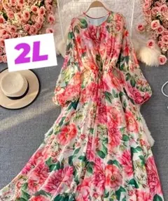 華やか花柄 ロングワンピース L〜2L