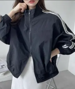 Ada　配色2ライン ダブルジップ ナイロン ブルゾンジャケット ブラック