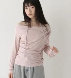 heather タイ付きドレープカットソー オフショルトップス　ピンク
