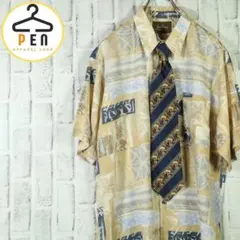 【レトロ古着◎一点物】総柄ネクタイシャツ レーヨン100% 幾何学模様 シルク