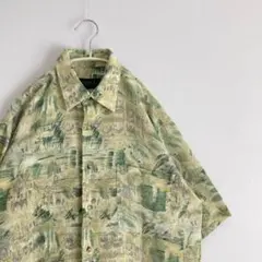 90s~ ヴィンテージ レトロ 古着 半袖ポリシャツ 総柄 緑黄青 個性的 韓国