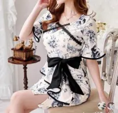 美品　フロントクロスレース花柄タイトミニドレス　アイボリー×ブラック　S