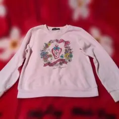 ピンク 花とハート プリント 裏起毛トレーナー130cm