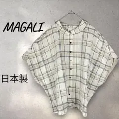 マガリ MAGALI リネン100% 麻 チェックシャツ フレンチスリーブ日本製 
