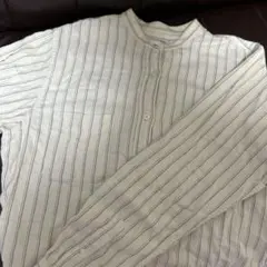 水色とグレーのピンストライプ　 バンドカラーシャツ