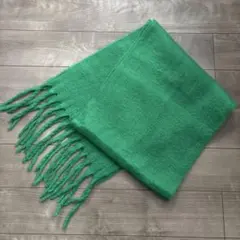 グリーン フリンジマフラー　厚手　大判　ロング