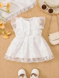 ベビードレス　肩フリル　レース　ワンピース　ホワイト　70 80