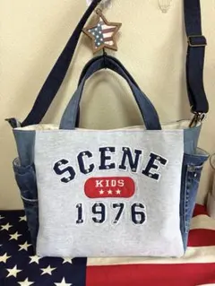 デニム&Tシャツリメイク☆サイドポケットショルダーバッグ！大きめ♡マザーズバッグ