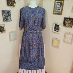 昭和レトロ ヴィンテージ東京スタイル青と金のペイズリー柄 半袖ロングワンピース