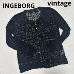 INGEBORG ブラック コットンレースカーディガン　リボン　パールボタン