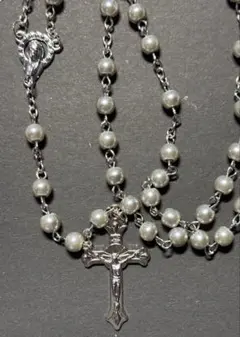 【ラスト1】ロザリオ　rosary　ガラスビーズ　十字架　シルバー　ネックレス
