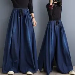 ワイドパンツ デニム シンプル 着痩せ ゆったり ハイウエスト 大きいサイズ