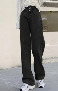 ☆ハイウエスト ワイドレッグジーンズ☆無地　ブラック☆新品・未使用品