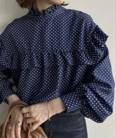 新品☆ディスコート☆前後2way フリル長袖ブラウス☆ネイビー☆ドット