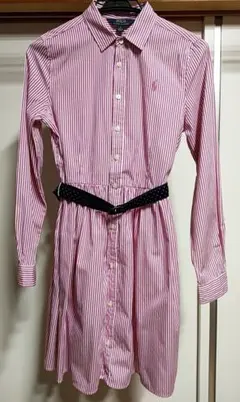 ラルフローレン　ストライプ長袖シャツワンピース（ピンク）　ベルト付