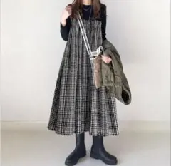 ロングワンピース　ドッキング　長袖 Aライン　ワンピース 体型カバー　マキシ丈