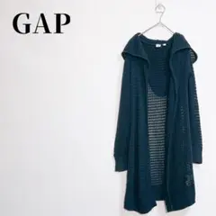 GAP　フード付き　メッシュロングカーディガン　透かし編み　ネイビー　サイズM