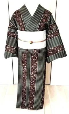 小紋◆袷◆洗える着物◆グリーン地、縦縞に更紗、抽象花