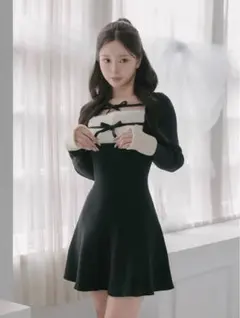 darich リボンファーフレアニットミニワンピース BLK Free