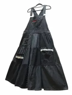 デニムリメイク　オーバーオールデニムパッチワーク　ブラックデニムリメイク