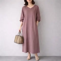 SM2［F］大人ナチュラル◎春色◎ポケット付◎八分袖◎カットソーロングワンピース