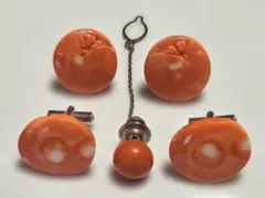 【天然珊瑚】大粒 サンゴ カフス タイタック セット 桜彫刻 ヴィンテージ