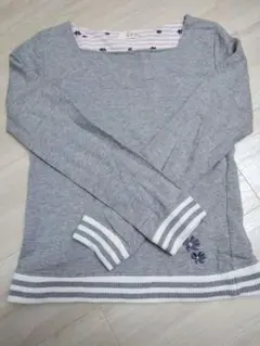 グレー トレーナー ストライプリブ 花刺繍