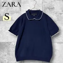 ZARA 襟付き 半袖ニット S ネイビー 無地 シンプル カジュアル