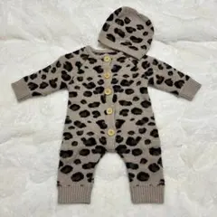 ヒョウ柄ニットカバーオール　帽子付き　1-3M