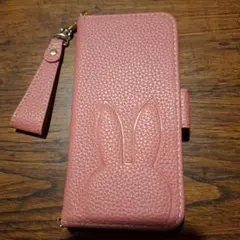 うさぎ型押し 手帳型スマホケース ピンク ストラップ付