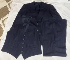 ネイビー ストライプ ビジネススーツ 3点セット ウール 上着 ベスト 長ズボン