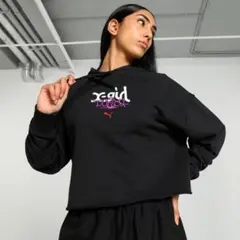 1078 エックスガール×プーマ　クロップドパーカー ブラック ロゴプリント　M