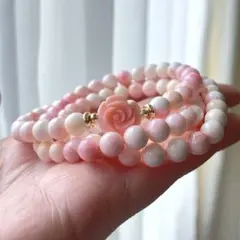 天然石 クイーンコンクシェル 3連 ブレスレット お花彫り いちごミルクカラー❤️
