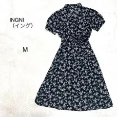 【イング】小花柄　半袖ワンピース M上品　ウエストゴム　Aライン エレガント