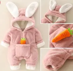 ロンパース ピンクうさ耳 フード ラビット ベビー服 防寒 冬 73cm