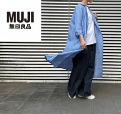 無印良品 麻100% ブルーストライプ 長袖 シャツワンピース リネン М