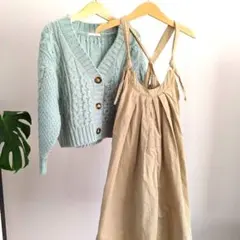 女の子　キッズ　春服　セット　120　カーディガン　ワンピース　ミントグリーン