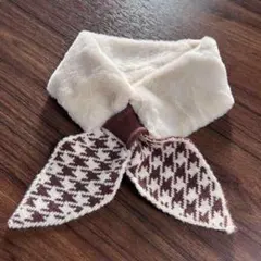 ☆リアルファー☆マフラー☆モコモコ☆リボン☆ネックウォーマー☆茶色×白　千鳥格子