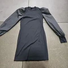 SHEIN パフスリーブ リブニットワンピース ブラック