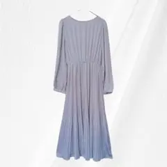 【Lutique】長袖 プリーツロングワンピース 薄手 ブルーグレー L