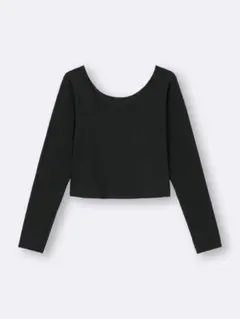 GU コットン リブ クロップド ワイド ネック T トップス ブラック 黒