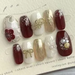 現品　033 ネイルチップ 成人式 振袖 赤 ゴールド 前撮りのサムネイル