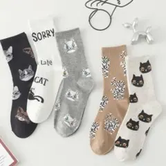 レディースソックス5足セット　靴下　黒猫柄　可愛いキャラクター　新品　まとめ売り