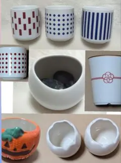 おちょこ植木鉢4個、球体鉢（苔玉用）石6個付き、プリン皿2種3個　カップ型植木鉢