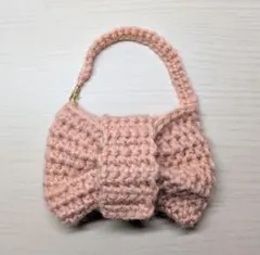 ミニリボンポーチ　#2　編み物　ポーチ　リボン　ピンク　小物入れ